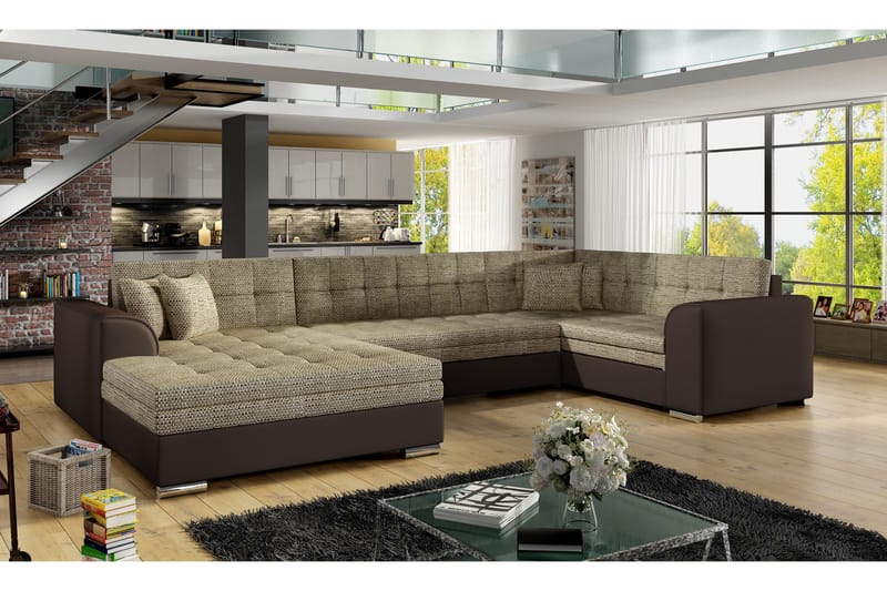 Rineta sovesofa med dobbelt sofa - Beige / brun - Sovesofaer - U sovesofa - Sovesofa chaiselong