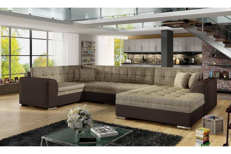 Rineta sovesofa med dobbelt sofa - Beige / brun - Sovesofaer - U sovesofa - Sovesofa chaiselong