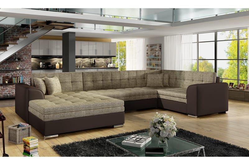 Rineta sovesofa med dobbelt sofa - Beige / brun - Møbler - Sofaer - Sovesofaer