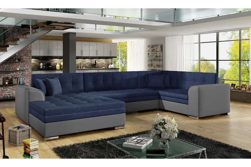 Rineta sovesofa med dobbelt sofa, Blå / grå