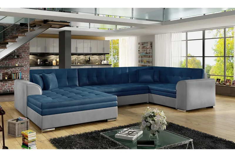 Rineta sovesofa med dobbelt sofa, Blå / grå