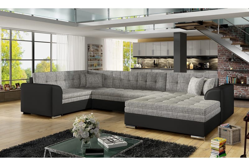 Rineta sovesofa med dobbelt sofa, Grå / Sort