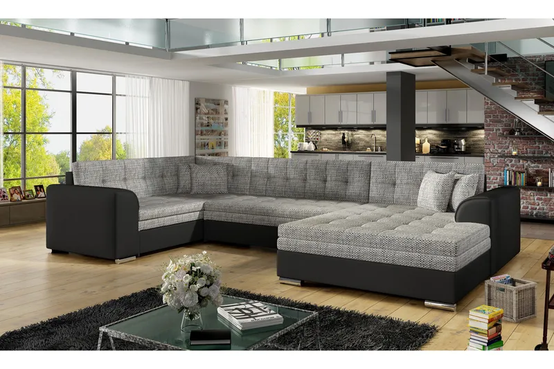 Rineta sovesofa med dobbelt sofa, Grå / Sort