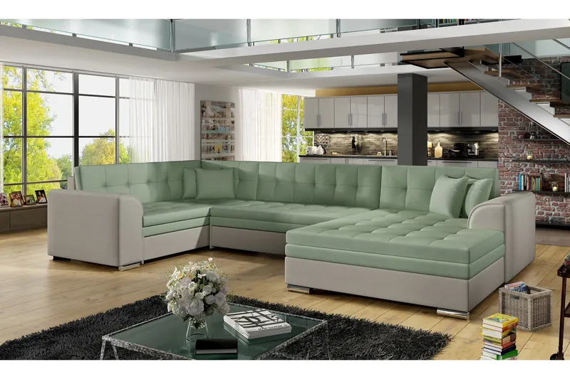 Rineta sovesofa med dobbelt sofa, Grøn / grå