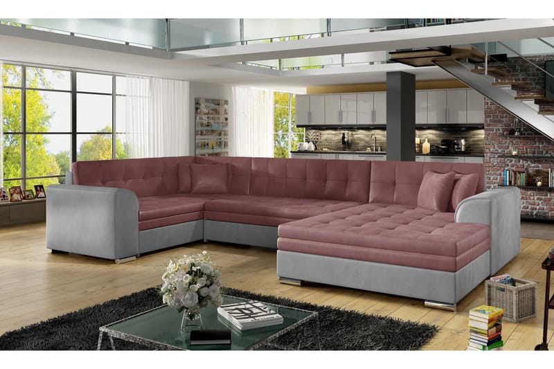 Rineta sovesofa med dobbelt sofa - Pink / Grå - Sovesofaer - U sovesofa - Sovesofa chaiselong