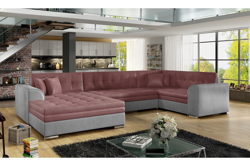 Rineta sovesofa med dobbelt sofa - Pink / Grå - Sovesofaer - U sovesofa - Sovesofa chaiselong