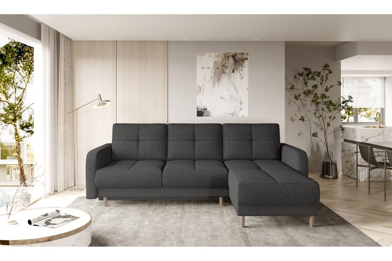 Saimon Sovesofa med Chaiselong og Opbevaring 3-personers - Mørkegrå - Møbler - Sofaer - Sovesofaer
