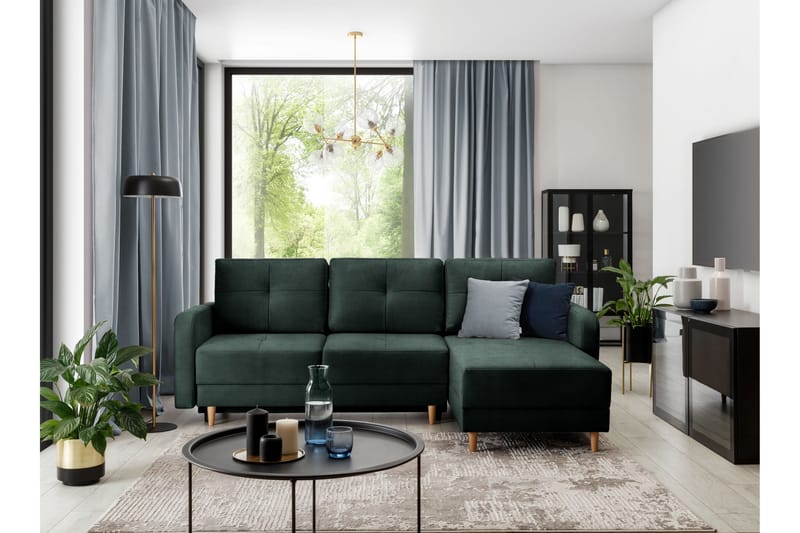 Saimon Sovesofa med Chaiselong og Opbevaring 3-personers - Mørkegrøn - Møbler - Sofaer - Sovesofaer