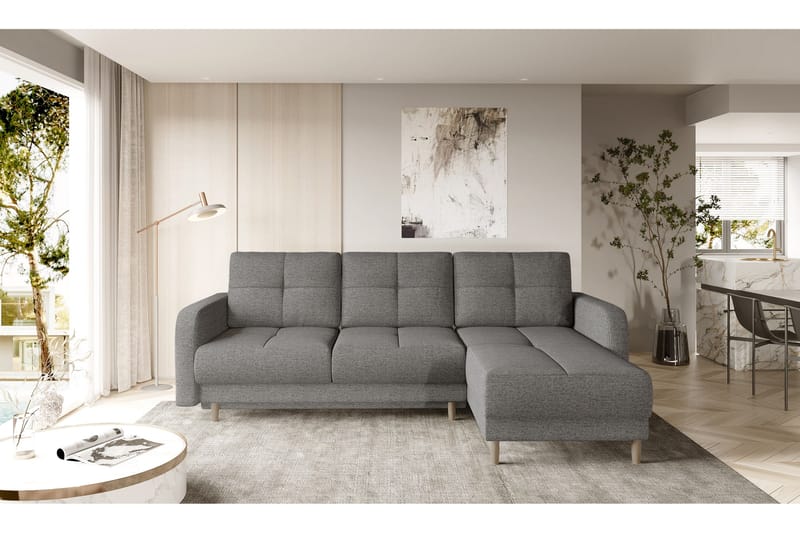 Saimon Sovesofa med Chaiselong og Opbevaring 3-personers, Grå