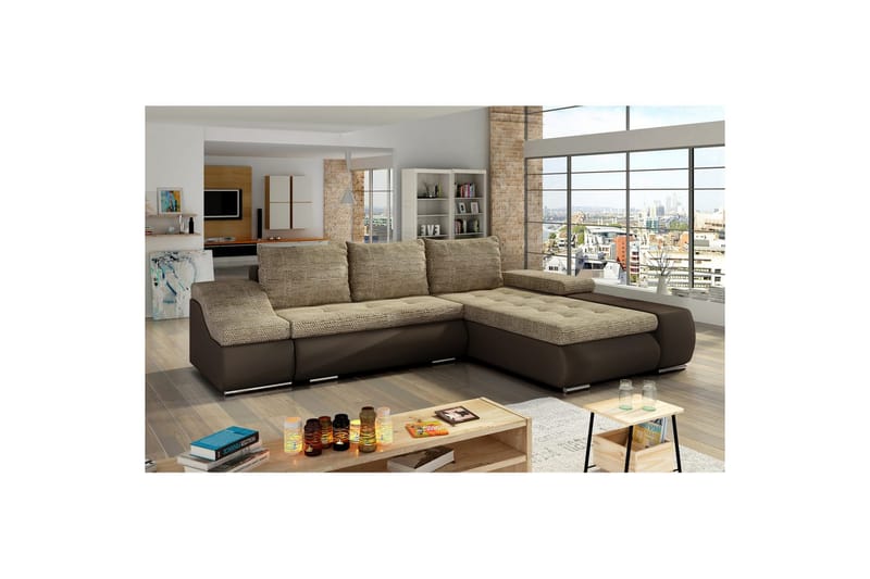 Sektionssofa Eltap Ontario 295x200x82 cm - Berlin 03, Soft 66, Beige, Mørkebrun, Højre - Møbler - Sofaer - Sovesofaer