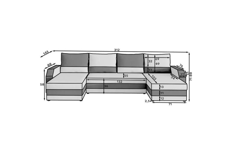 Sofa med chaiselong Eltap Marion 312x143x88 cm - Alova 36, Alova 04, Grå, Sort - Møbler - Sofaer - Sovesofaer