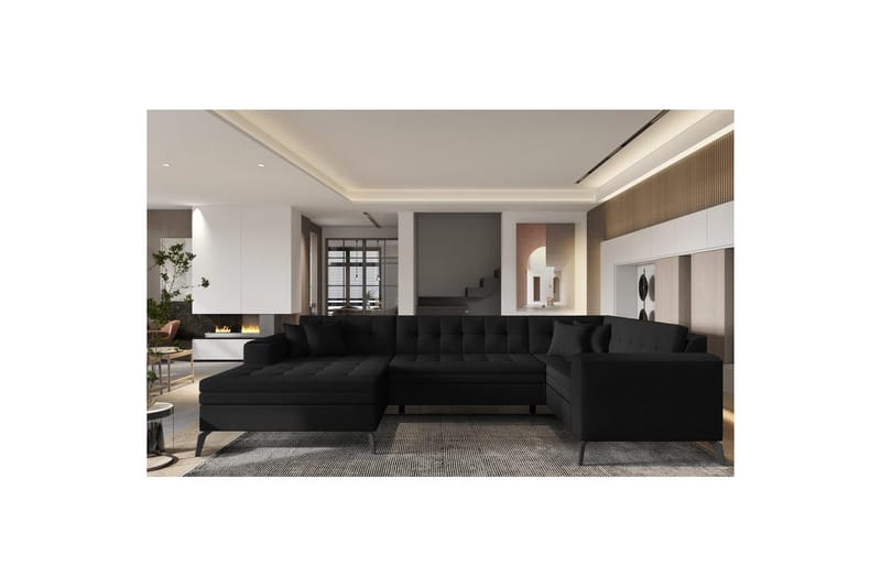 Sofa med chaiselong Eltap Montez 340x180x93 cm, Flores 10, Sort, Venstre