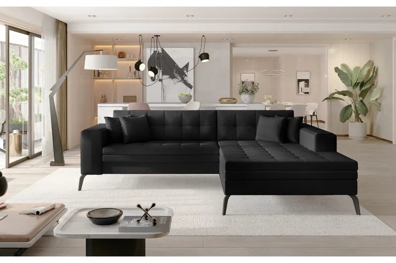 Solangis Sovesofa med divan Højre, Læder/Sort