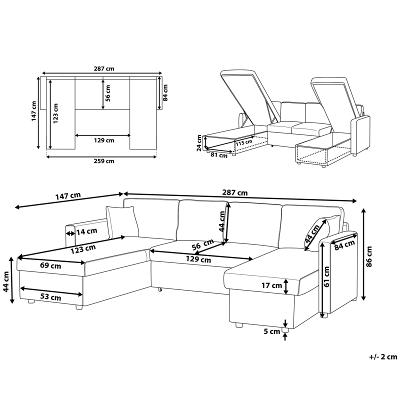 Sommen U-formet Sovesofa 123x259 cm med Opbevaring i Stof - Grå - Møbler - Sofaer - Sovesofaer