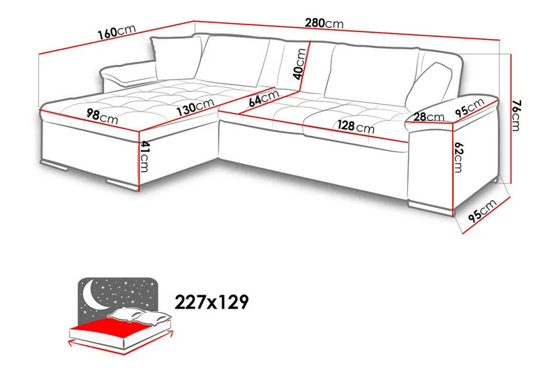 Sovesofa 3-Pers. L-formet 280x160 cm Højre - Møbler - Sofaer - Sovesofaer