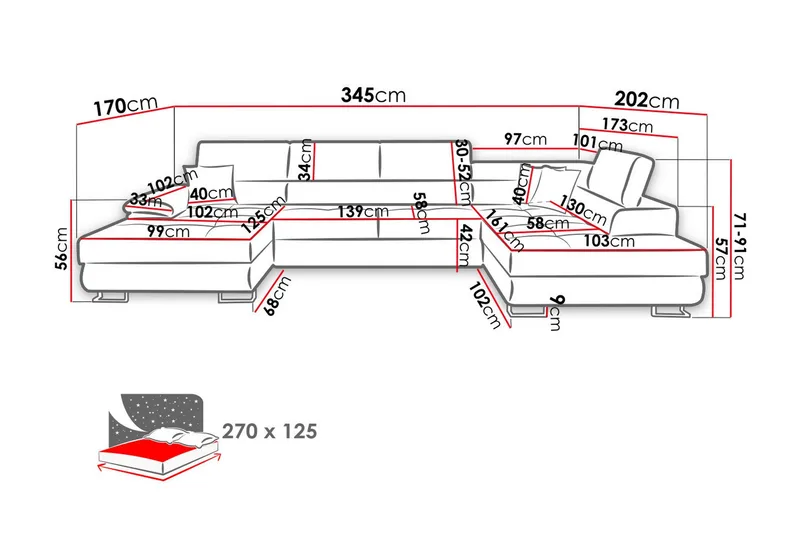 Sovesofa 4-Pers. U-formet 345x202 cm Højre - Møbler - Sofaer - Sovesofaer