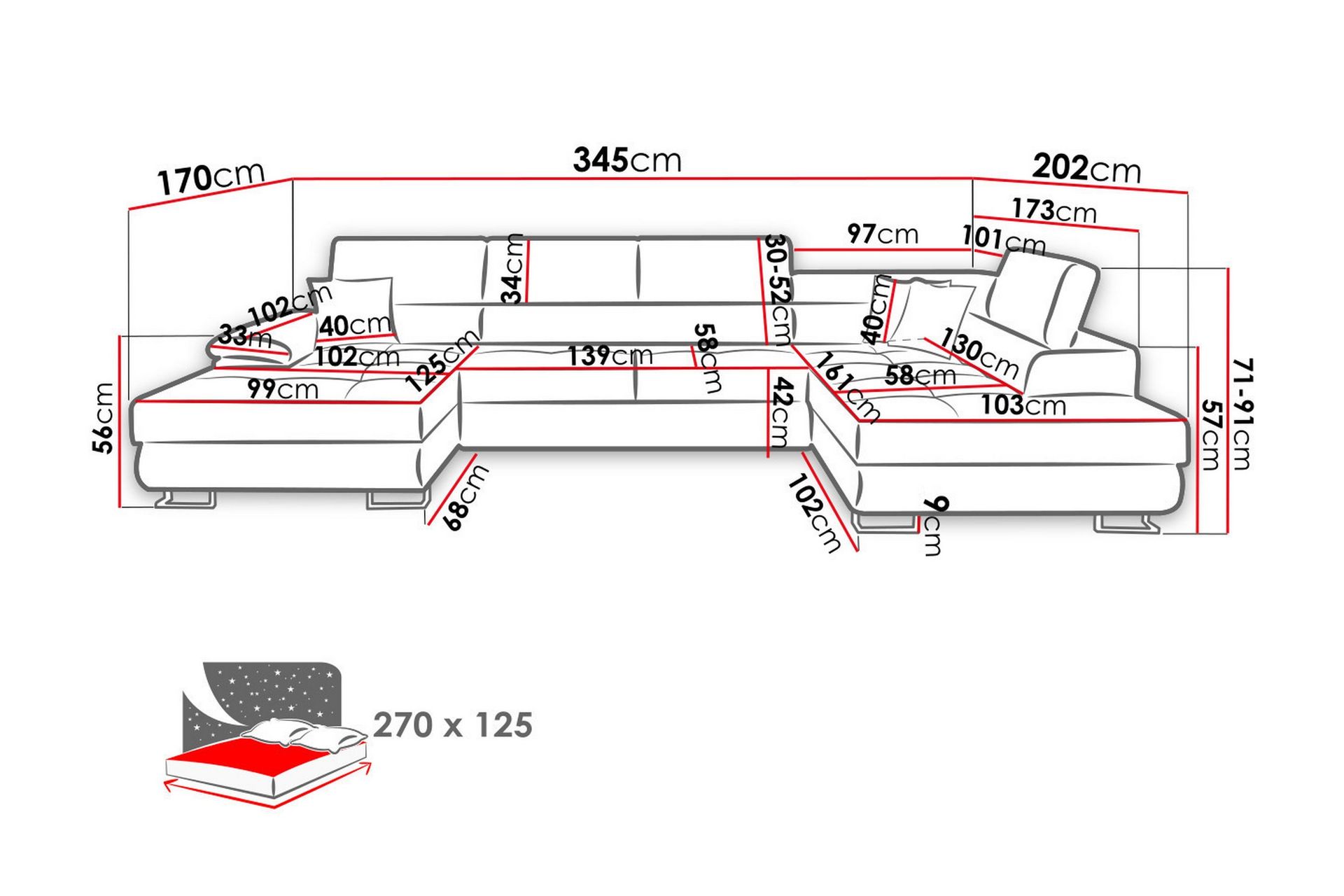 Sovesofa 4-Pers. U-formet 345x202 cm Venstre - Møbler - Sofaer - Sovesofaer