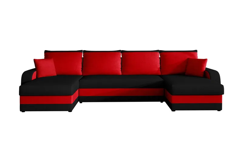 Alvared 4-person Sovesofa med dobbelt Chaiselong og Opbevari, Sort/Rød