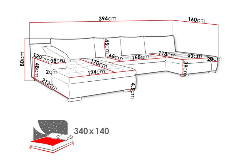 Cillo Sovesofa Dobbelt Chaiselong 4-Pers. 340x140 cm U-forme - Grå - Møbler - Sofaer - Sovesofaer - Sovesofa chaiselong