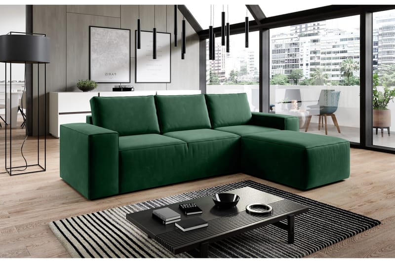 Kamli Sovesofa m. Chaiselong med Opbevaring, Grøn