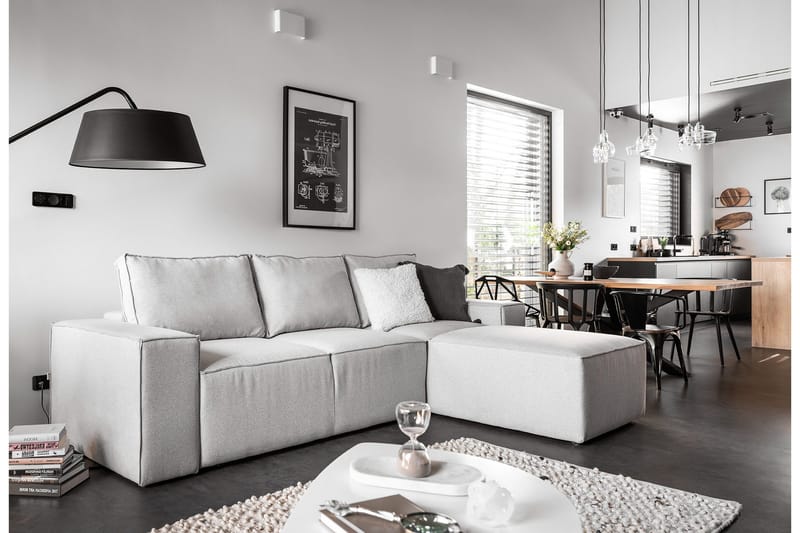 Kamli Sovesofa m. Chaiselong med Opbevaring, Lysegrå