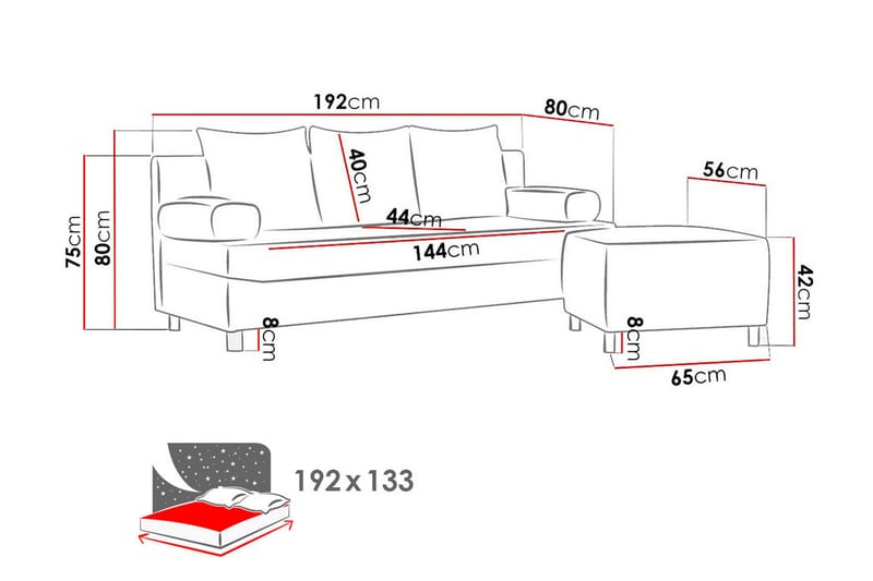 Skatteg Sofa med Ottoman - Sort|Grå - Møbler - Sofaer - Sovesofaer - Sovesofa chaiselong