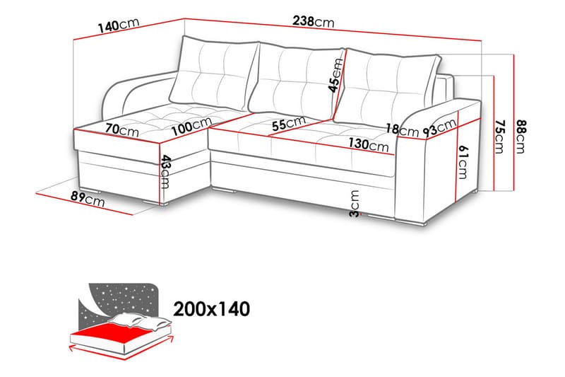 Sydney Sovesofa med diva 238x140x88 cm - Møbler - Sofaer - Sovesofaer