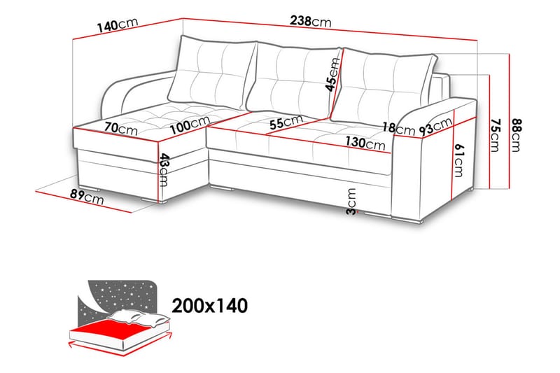 Sydney Sovesofa med diva 238x140x88 cm - Sovesofaer - Sovesofa chaiselong