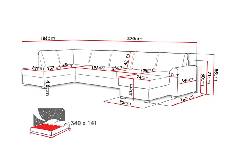 Taberk 4-personers Hjørnesovesofa Large - Grå - Sovesofaer - Sovesofa chaiselong