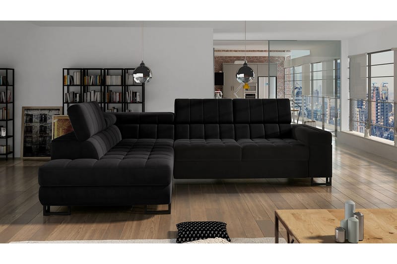 Warwick 3-personers Hjørnesovesofa - velour / sort - Møbler - Sofaer - Sovesofaer