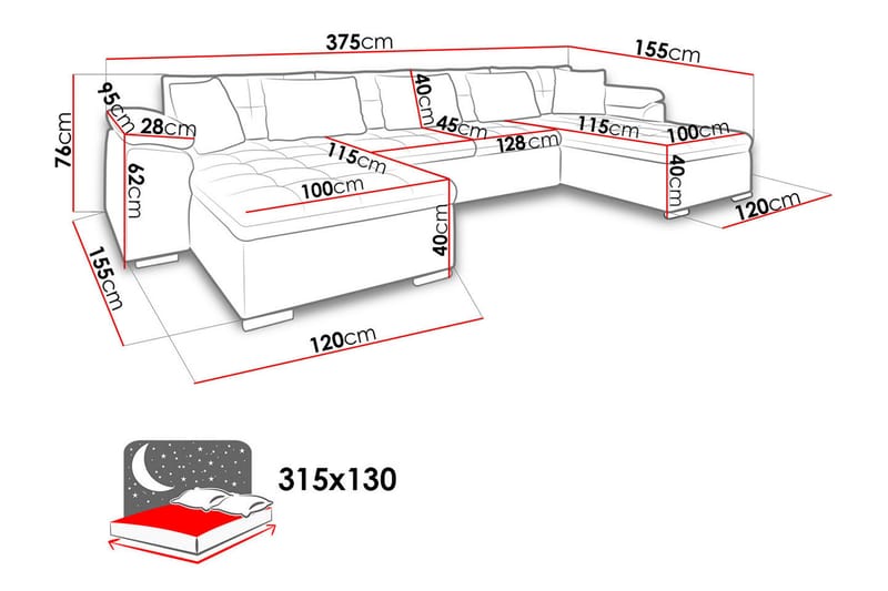 Wicenza U-sovesofa 375x155x76 cm - Møbler - Sofaer - Sovesofaer