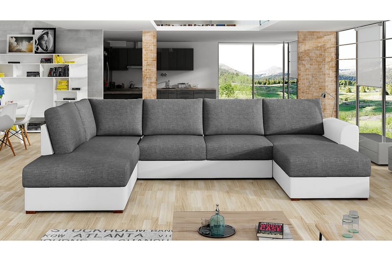 Wilma 6-personers Sovesofa med Chaiselong i Stof med Kunstlæderunderrede - Mellemgrå - Møbler - Sofaer - Sovesofaer