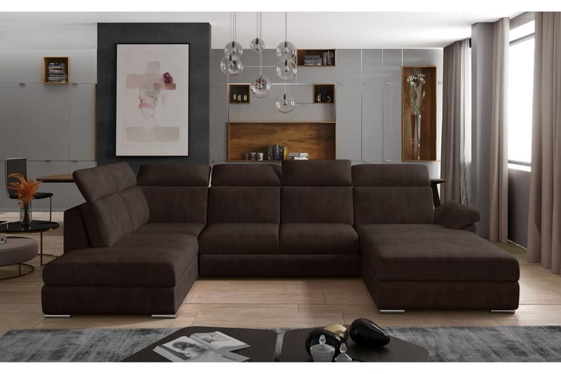 Zoana Højre U-formet Sovesofa 125x265 cm med Opbevaring i Stof, Brun