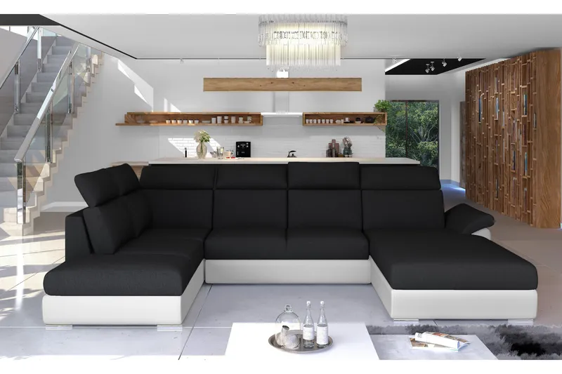 Zoana U-formet Sovesofa 125x265 cm med Opbevaring i Stof/læder, Hvid|Sort