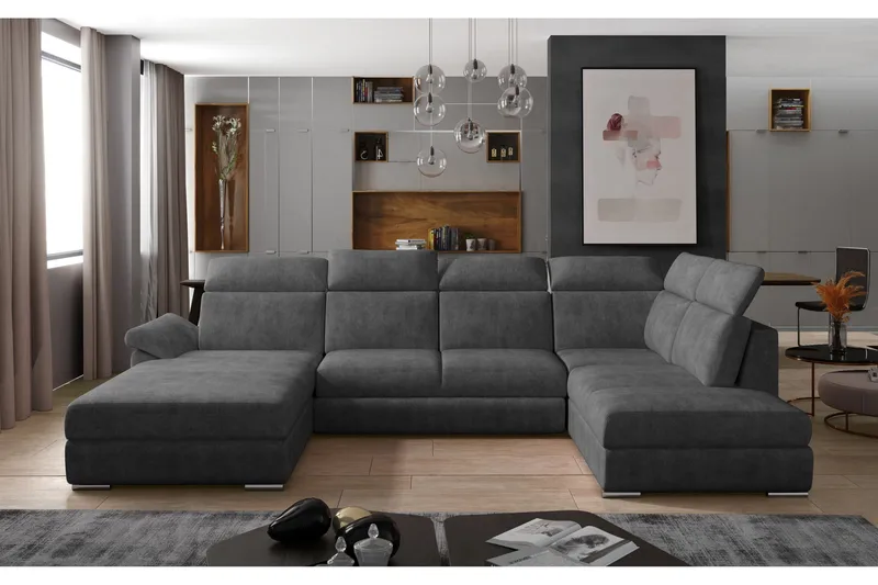 Zoana Venstre U-formet Sovesofa 125x265 cm med Opbevaring i Stof, Grå