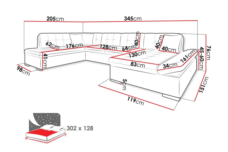 Zumar Sovesofa med Chaiselong og Dobbelt Chaiselong 4-personers i Kunstlæder - Hvid / Grå - Møbler - Sofaer - Sovesofaer