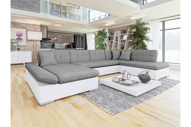 Zumar Sovesofa med Chaiselong og Dobbelt Chaiselong 4-personers i Kunstlæder - Hvid / Grå - Møbler - Sofaer - Sovesofaer