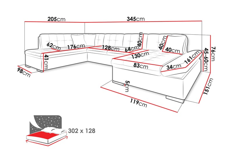 Zumar Sovesofa med Chaiselong og Dobbelt Chaiselong 4-personers i Chenille - Orange - Møbler - Sofaer - Sovesofaer