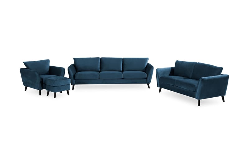 Trend Sofagruppe 3-personers + 2-personers Sofa + Lænestol + Fodskammel i Fløjl, Blå