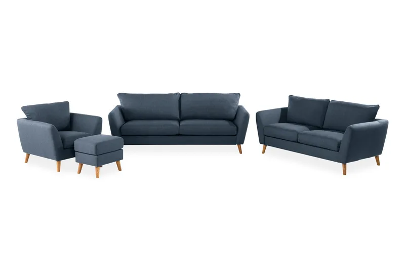 Trend Sofagruppe 3-personers + 2-personers Sofa + Lænestol + Fodskammel i Stof, Blå