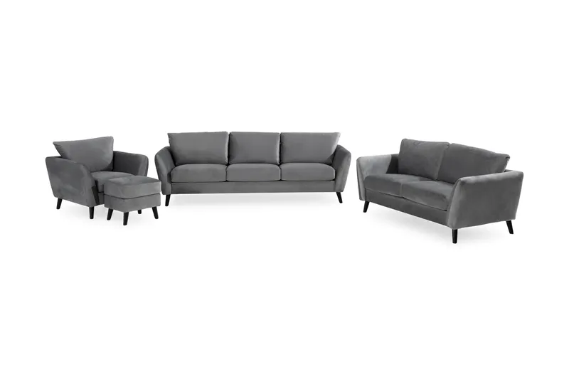 Trend Sofagruppe 3-personers + 2-personers Sofa + Lænestol + Fodskammel i Fløjl, Lysegrå