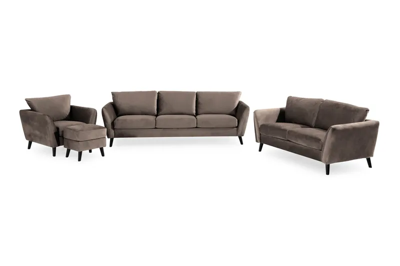 Trend Sofagruppe 3-personers + 2-personers Sofa + Lænestol + Fodskammel i Fløjl, Brun