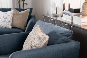 Trend Sofagruppe 3-personers + 2-personers Sofa + Lænestol + Fodskammel i Stof - Blå - Møbler - Sofaer - Sofagrupper