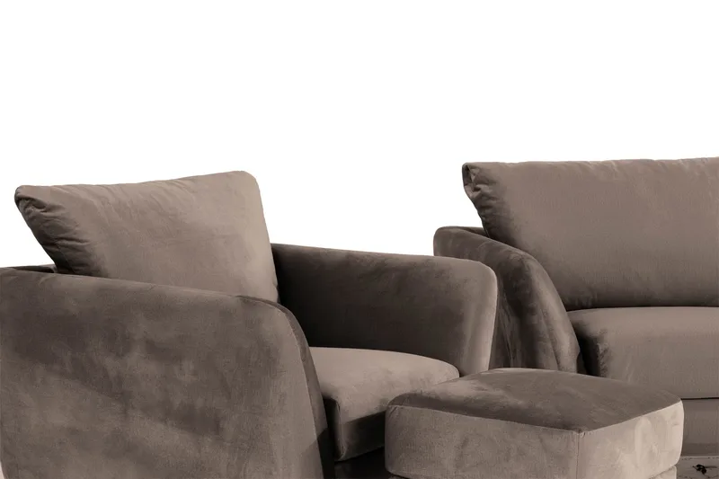 Trend Sofagruppe 3-personers + 2-personers Sofa + Lænestol + Fodskammel i Fløjl - Brun - Møbler - Sofaer - Sofagrupper