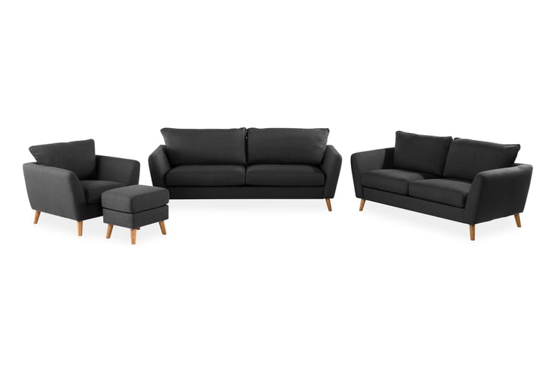 Trend Sofagruppe 3-personers + 2-personers Sofa + Lænestol + Fodskammel i Stof, Sort
