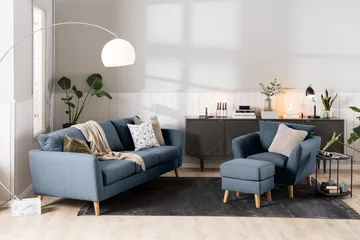 Trend Sofagruppe 3-personers + 2-personers Sofa + Lænestol + Fodskammel i Stof - Blå - Møbler - Sofaer - Sofagrupper