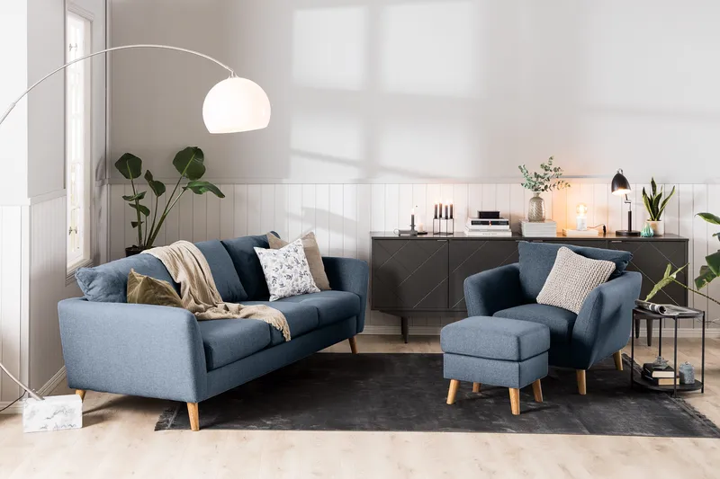 Trend Sofagruppe 3-personers + 2-personers Sofa + Lænestol + Fodskammel i Stof - Blå - Møbler - Sofaer - Sofagrupper