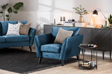 Trend Sofagruppe 3-personers + 2-personers Sofa + Lænestol + Fodskammel i Fløjl - Blå - Møbler - Sofaer - Sofagrupper