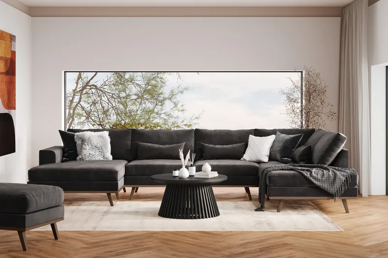 Copenhagen 5-personers Venstrevendt U-formet Sofa med Divan og Chaiselong i Fløjl - Mørkegrå - Møbler - Sofaer - U Sofa