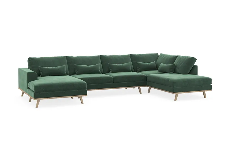 Copenhagen 5-personers Højrevendt U-formet Sofa med Divan og Chaiselong i Fløjl - Mørkegrøn - Møbler - Sofaer - U Sofa